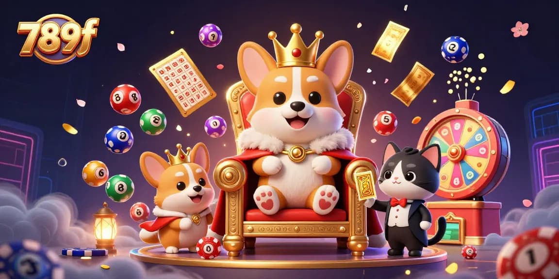Engage with exciting gaming at 789f featuring a royal corgi, vibrant lottery elements, and a stunning casino backdrop.