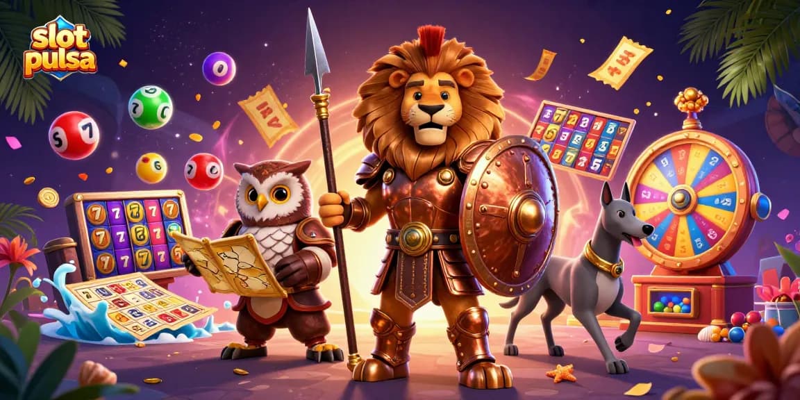 Experience slot pulsa action with a Spartan lion, owl strategist, and greyhound, amidst vibrant gaming elements.