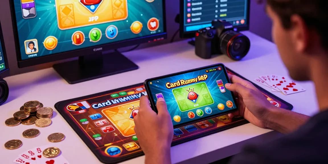 Player enjoying the new app Card Rummy APK on Android, surrounded by game graphics and rewards.