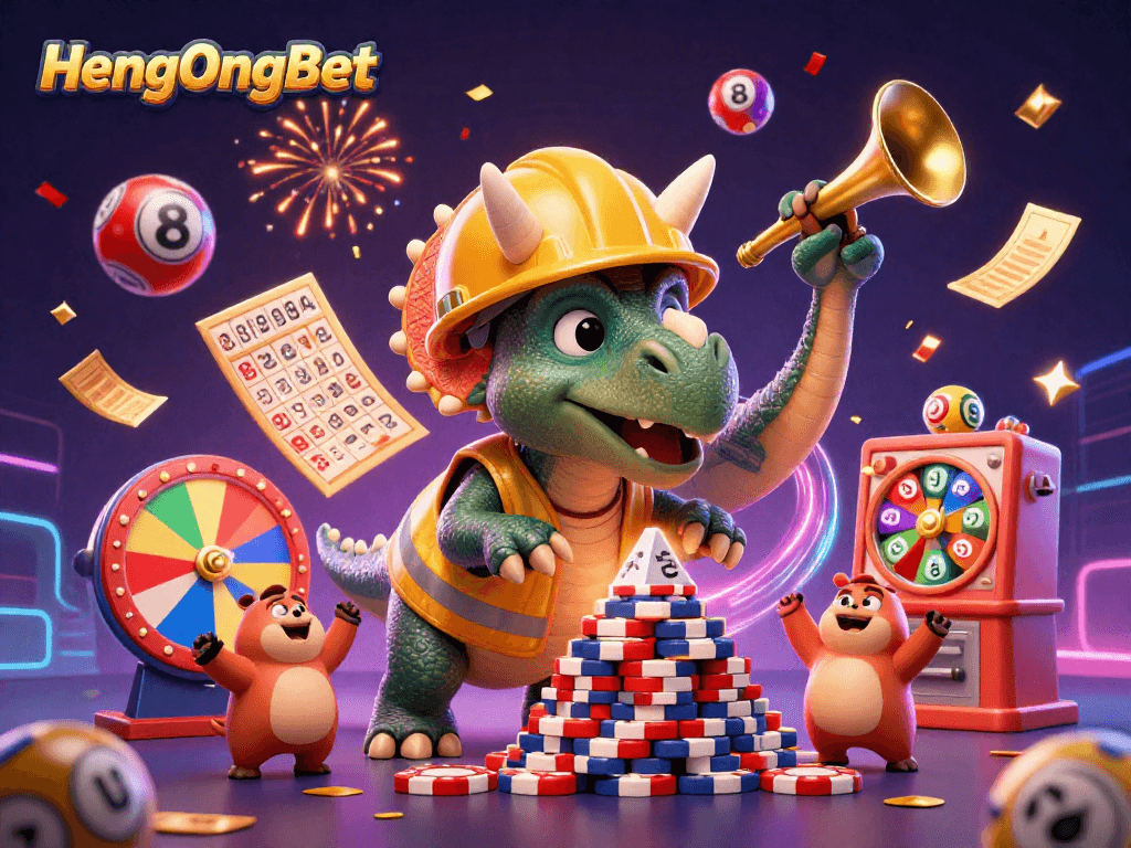 Engage with HengOngBet in a vibrant, action-packed 3D casino celebration featuring dynamic gaming elements.