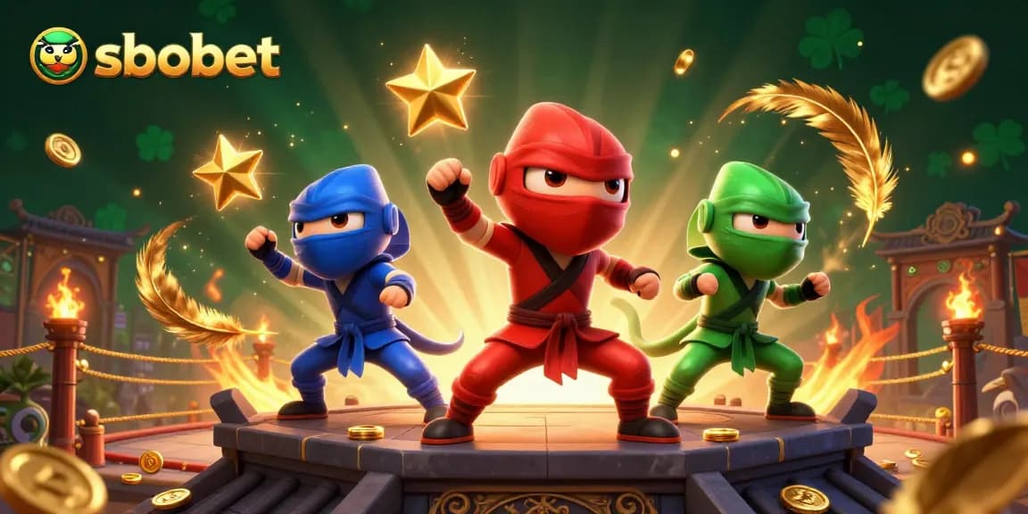 Experience sbobet action with chameleon ninjas showcasing martial arts among golden coins and smoke.