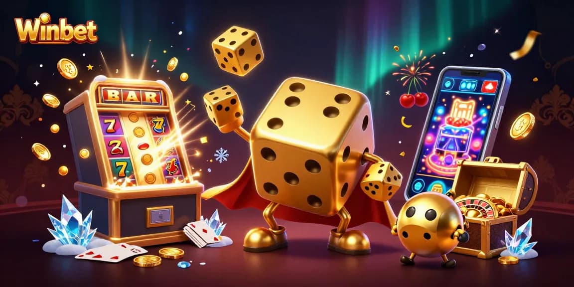 Winbet's vibrant casino illustration with golden dice and slot machine bursting coins.