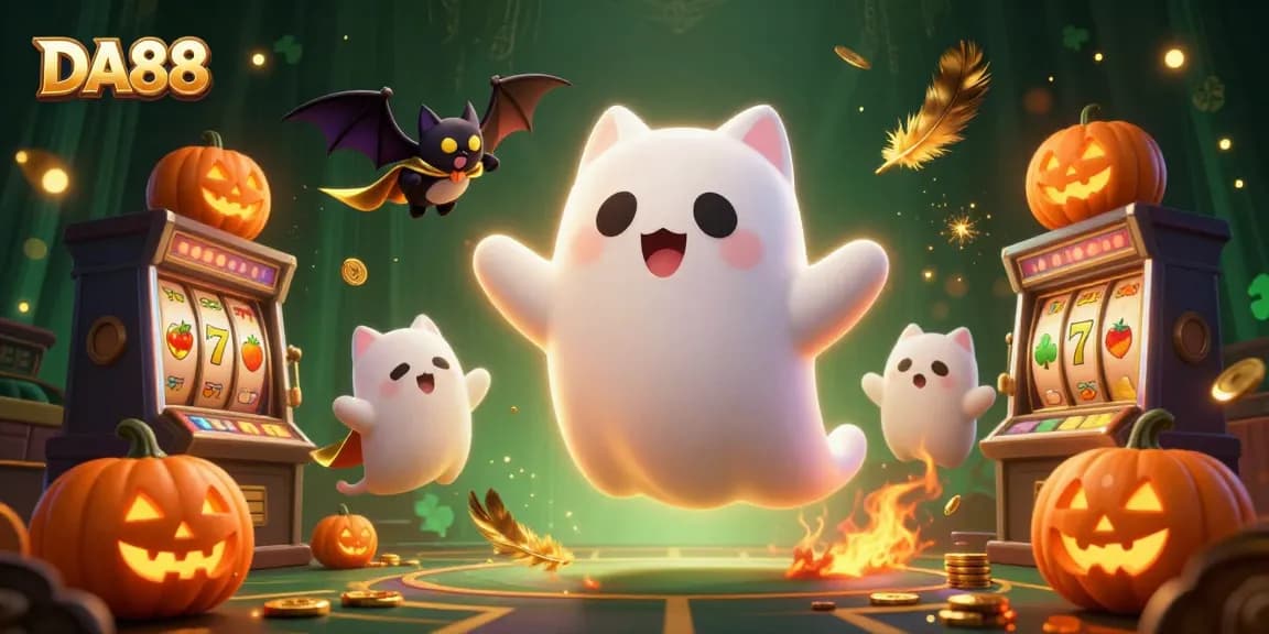 Engage with DA88's thrilling online casino experience featuring a ghost cat, bat, and glowing pumpkins.