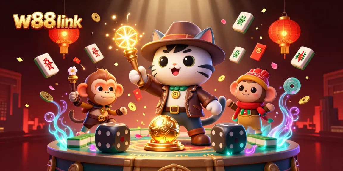 Experience the excitement of W88 link with the adventurous cat discovering treasure in a casino-themed temple.