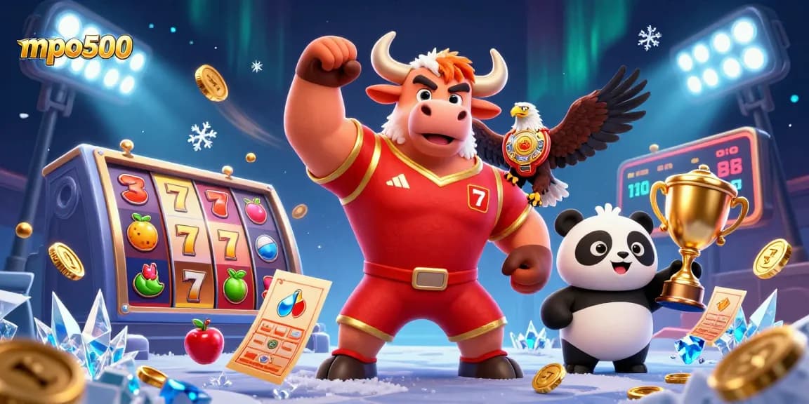 Win big with mpo500 in this dynamic casino scene featuring slots and playful characters.