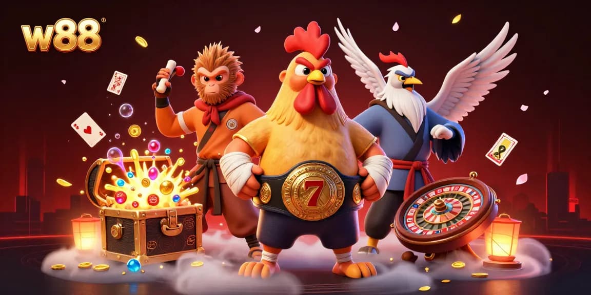 w88 invites players to enjoy colorful casino action with lively characters and gold coins exploding around them.