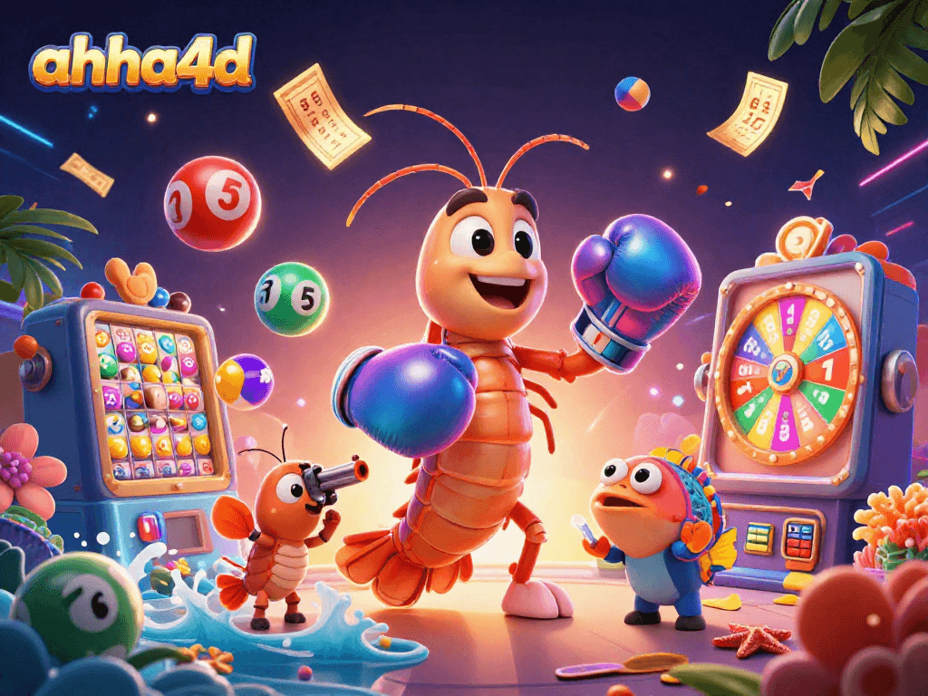 Kesenangan bermain di ahha4d dengan karakter udang mantis dan teman, lotere berwarna-warni, dan kartu bingo.