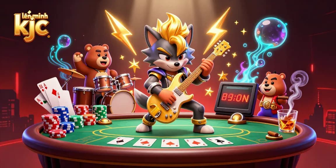 Engage with the thrilling atmosphere of liên minh kjc, showcasing a wolf rock star and drummer bear in a dynamic casino scene.
