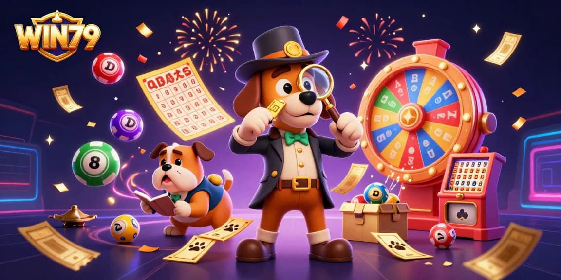 Experience WIN79's vibrant casino atmosphere with detectives uncovering hidden treasures amidst dynamic games and lively symbols.