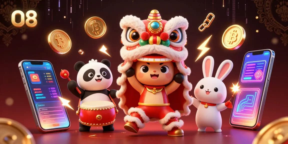 Engage with O8's vibrant casino scene featuring animated characters and dynamic crypto elements.
