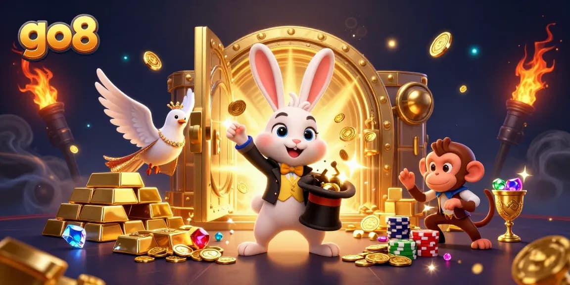 Experience thrilling gambling at go8 with a magician rabbit, casino elements, and golden treasures.