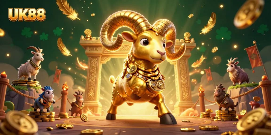 Experience dynamic gameplay at UK88 with a golden ram charging through an ancient temple.