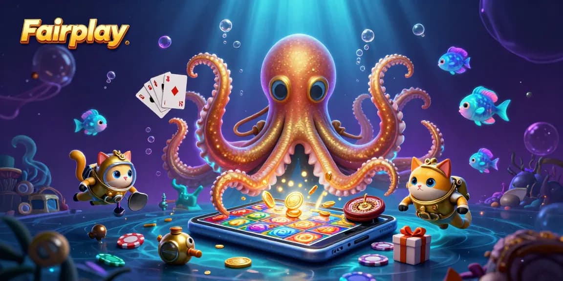 Engage in Fairplay with a vibrant depiction of a kraken and a diving cat amidst casino elements.