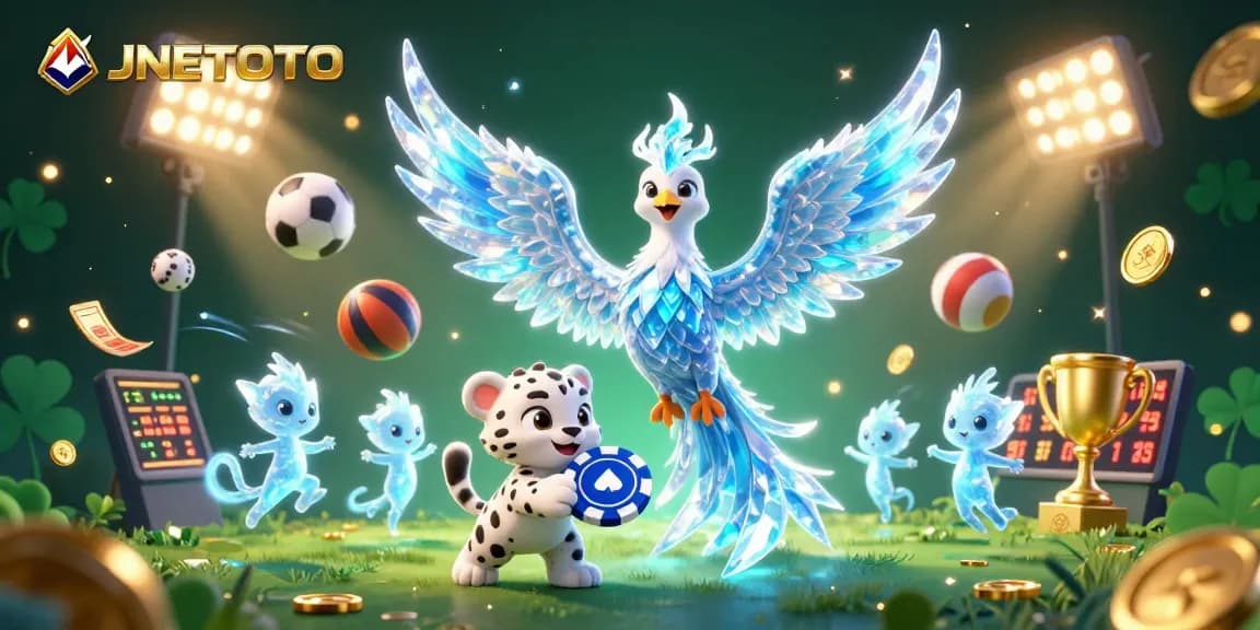 JNETOTO memberi semangat dengan ilustrasi 3D meriah menampilkan karakter kartun dan elemen kasino.
