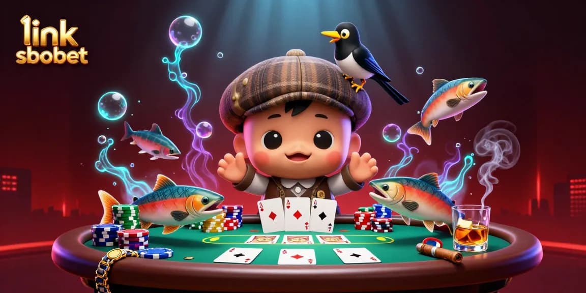 Engage in thrilling moments with link sbobet in a packed casino scene featuring playful characters and dynamic poker elements.