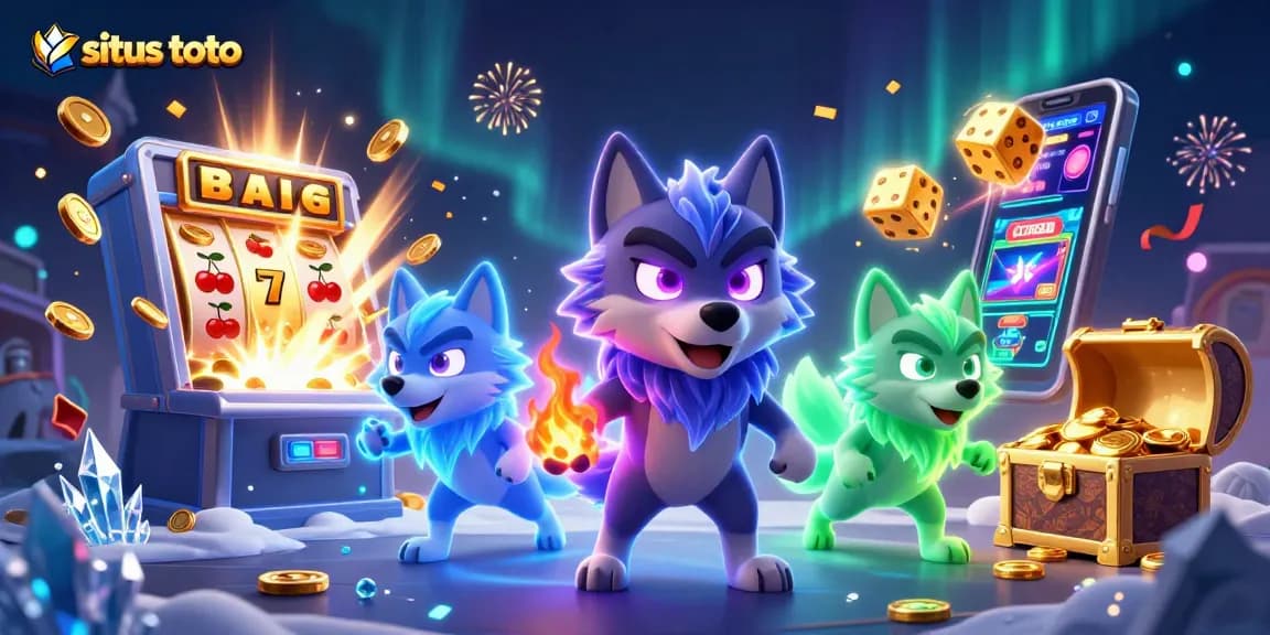 Situs toto showcases a dynamic scene with a shadow wolf leader, slot machine extravaganza, and rich gaming elements.