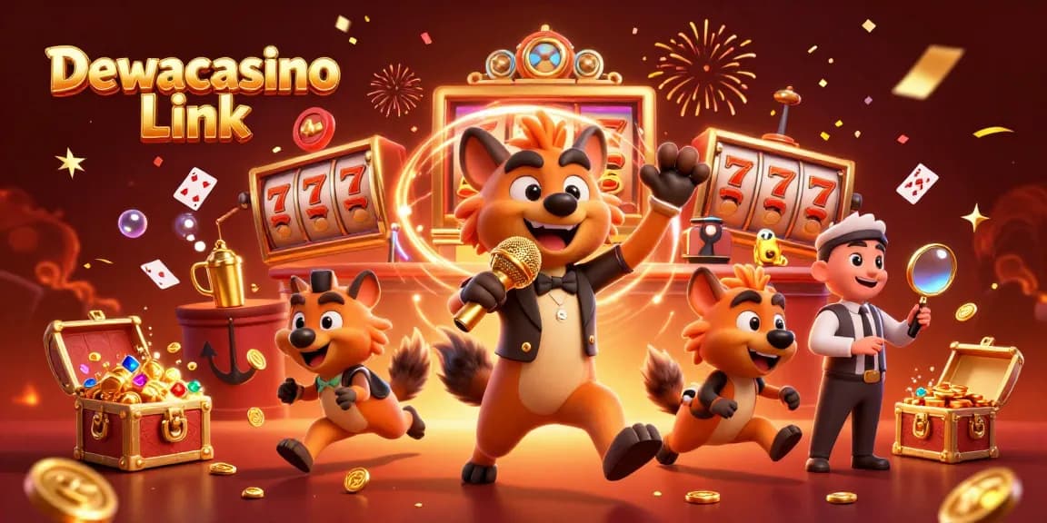 Dewacasino Link showcases a lively 3D casino scene with hyenas in action, engaging in fun gambling activities.
