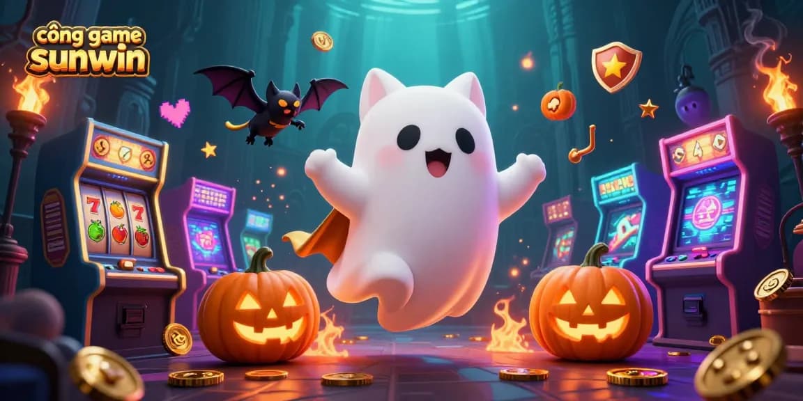 Experience the excitement of cổng game sunwin with ghost cats and casino elements glowing in a haunted setting.