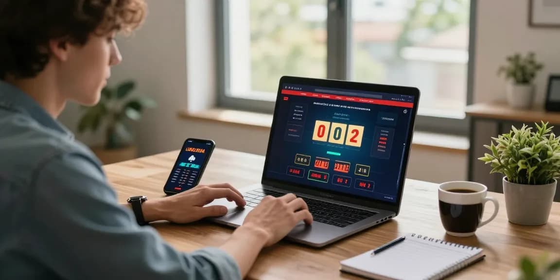 Engaged user experiencing LUCK8 online casino game at modern workspace with laptop and smartphone.