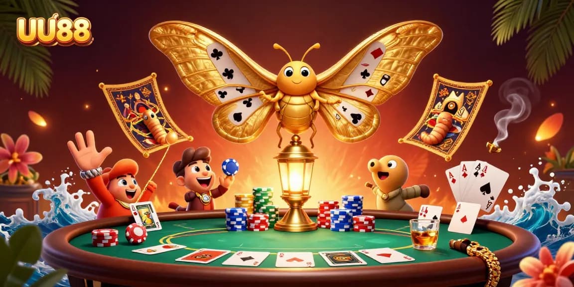 UU88 engaging players with a vibrant 3D casino scene featuring a golden moth and poker elements.