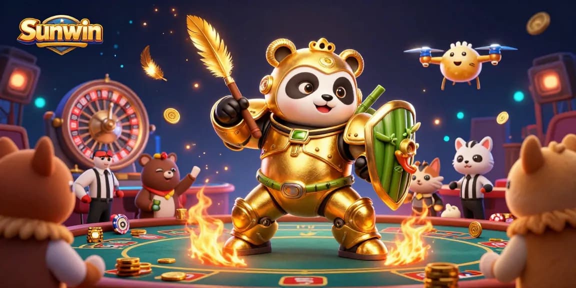 Sunwin engages players with dynamic live casino entertainment featuring a golden panda robot.