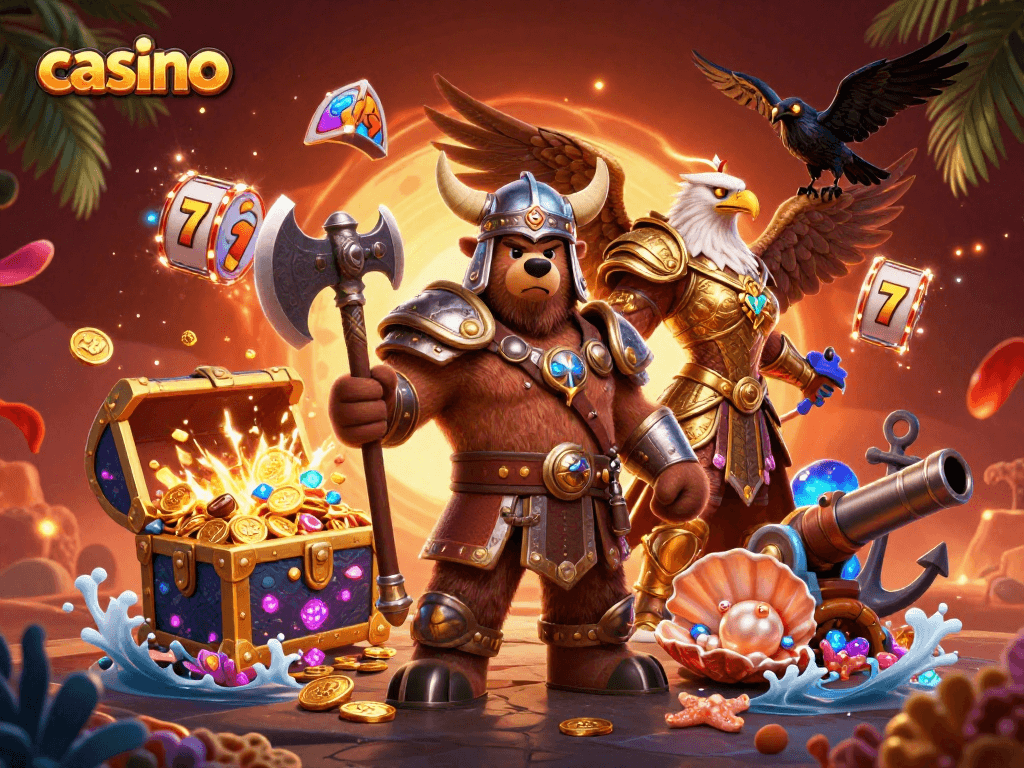 Experience the thrill of the casino with a Viking bear and Valkyrie eagle amid treasure!