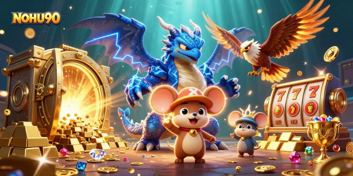 Engage with the exhilarating world of NOHU90 slots featuring dynamic characters and treasures in a vibrant casino scene.