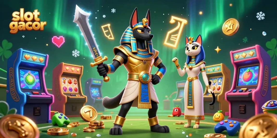 Experience slot gacor excitement with Anubis and Bastet amid vibrant casino reels and gaming elements.