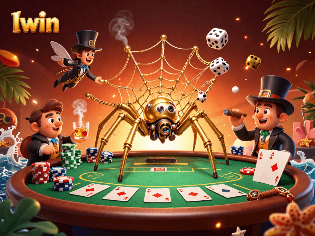 Iwin features a vibrant steampunk spider illustration showcasing an engaging casino experience.