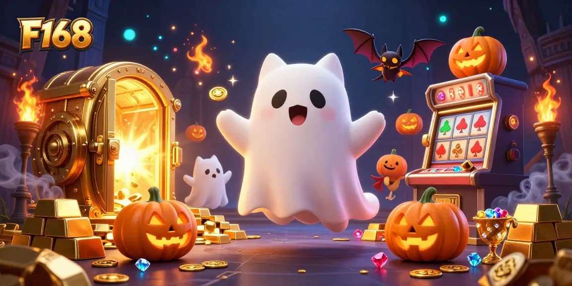Experience the thrill of F168 with a playful ghost cat and treasures in a haunted casino.
