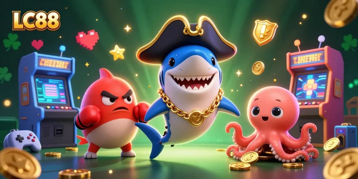 Engage with LC88's exciting games featuring a pirate shark, pufferfish, and octopus in a vibrant casino scene.