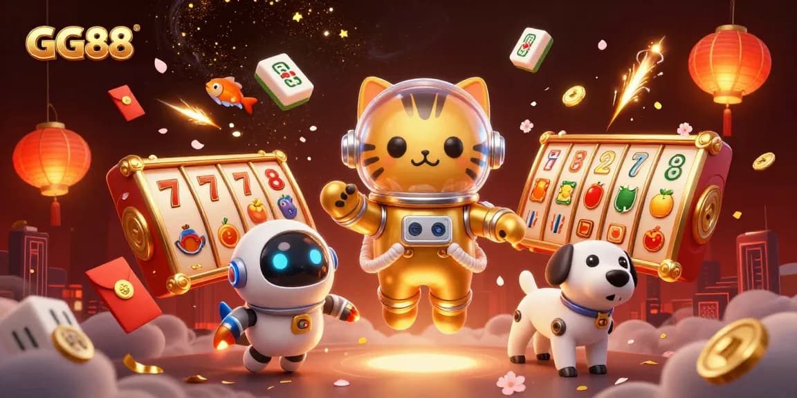 Play exciting casino games at GG88 while surrounded by vibrant 3D characters and festive elements.