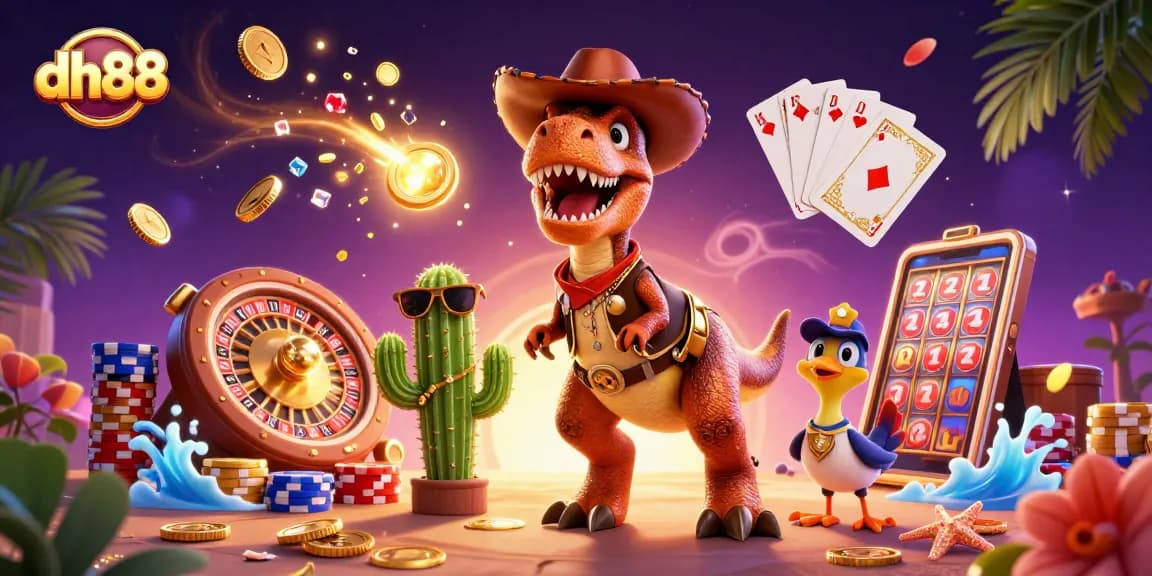 Experience vibrant gambling thrills at dh88 with a dynamic scene featuring colorful characters and casino elements.