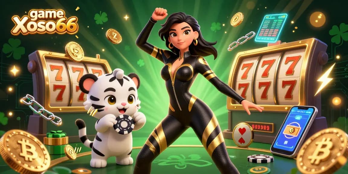 Experience the thrill of game Xoso66 with dynamic slot reels and vibrant characters in action.