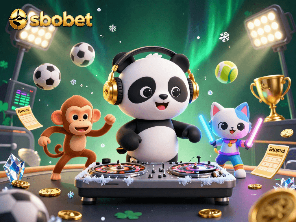 SboBet offers exciting sports betting experiences with vibrant characters and lively atmosphere in this dynamic illustration.