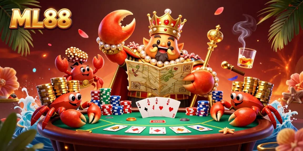 ML88 reveals an exciting poker scene with a golden crab holding a scepter amidst colorful chips.