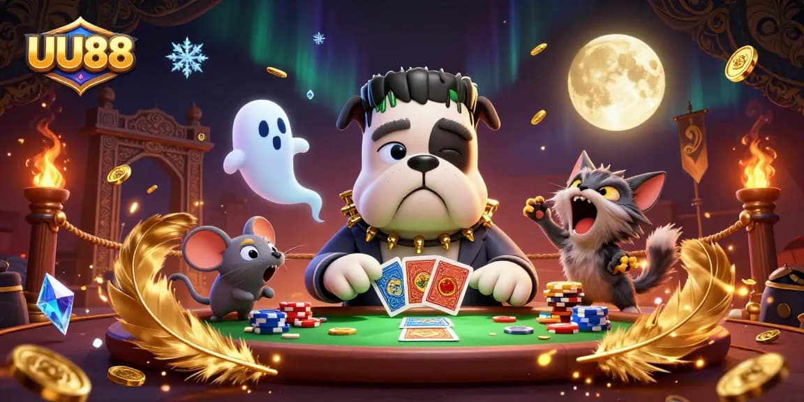Experience thrilling gameplay with UU88's dynamic casino scene featuring a playful bulldog dealer and winning elements.