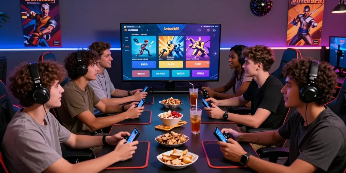 Group of friends enjoying Lotus365 gaming platform in a vibrant lounge.