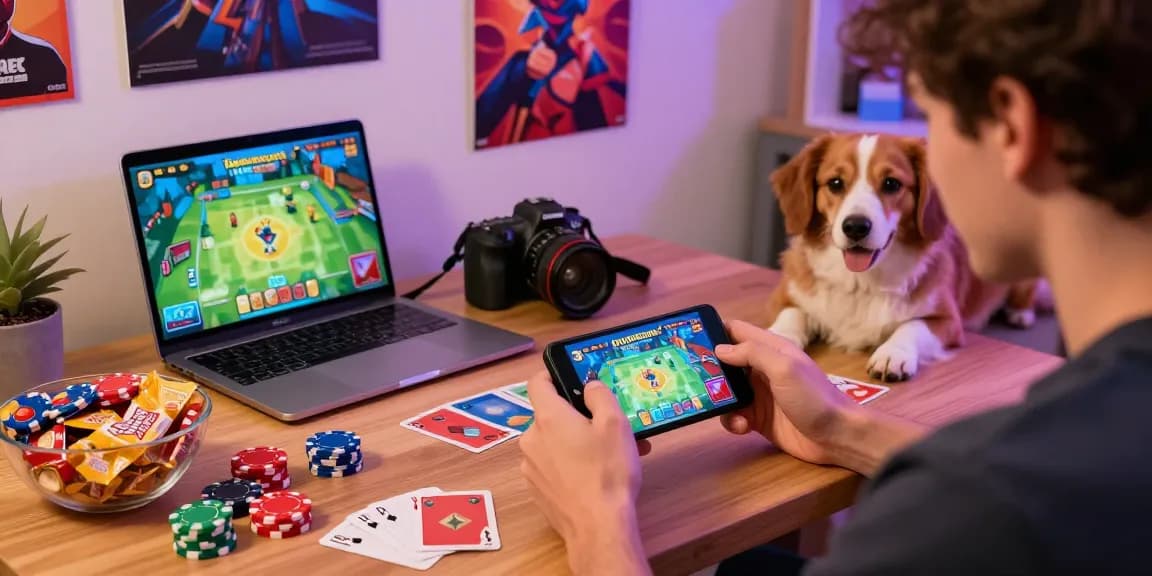 Enjoy gaming at https://cardrummy.org.pk/ with a user playing Card Rummy in a cozy, colorful room filled with gaming essentials.