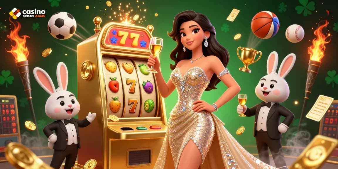 Scopri giochi entusiasmanti nei casino senza AAMS con un'illustrazione 3D vibrante che mostra jackpot e scenari mozzafiato.
