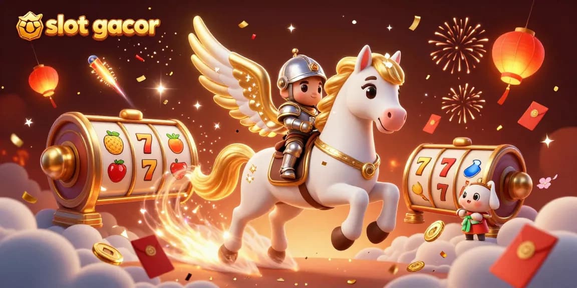 Menangkan slot gacor dengan dramatis, dikelilingi elemen berkilau dalam ilustrasi kasino ini.