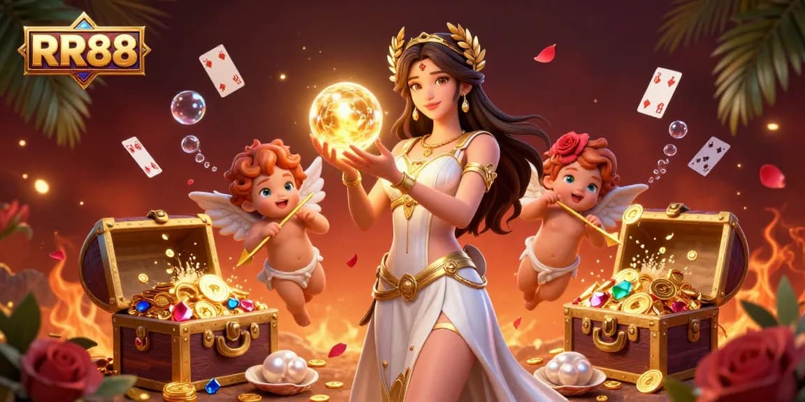 RR88 brings excitement with a captivating scene of a Grecian goddess and cherubs, embodying the thrill of online gambling.