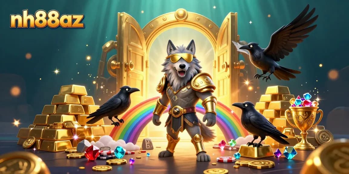 Experience the vibrant world of nh88az as a majestic Odin wolf stands against a rainbow bridge of casino chips.