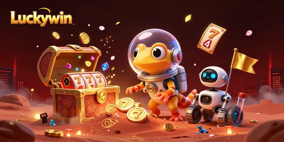 Luckywin showcases an exciting Martian casino adventure with vibrant slot reels and gold treasures.
