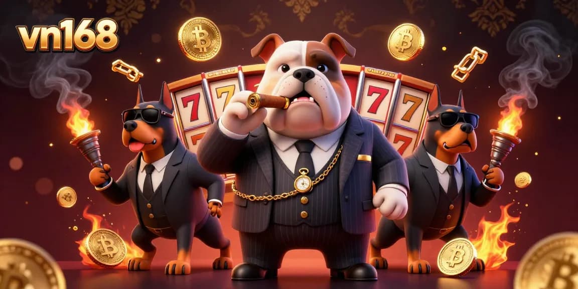Engage with vn168's exciting slots, highlighted by a 3D cartoon mafia boss bulldog surrounded by vibrant casino elements.
