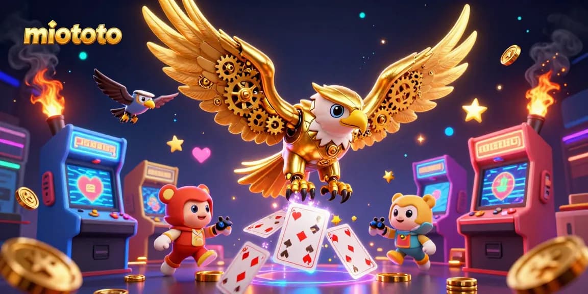 Experience miototo as the golden eagle dives through vibrant holographic casino elements.
