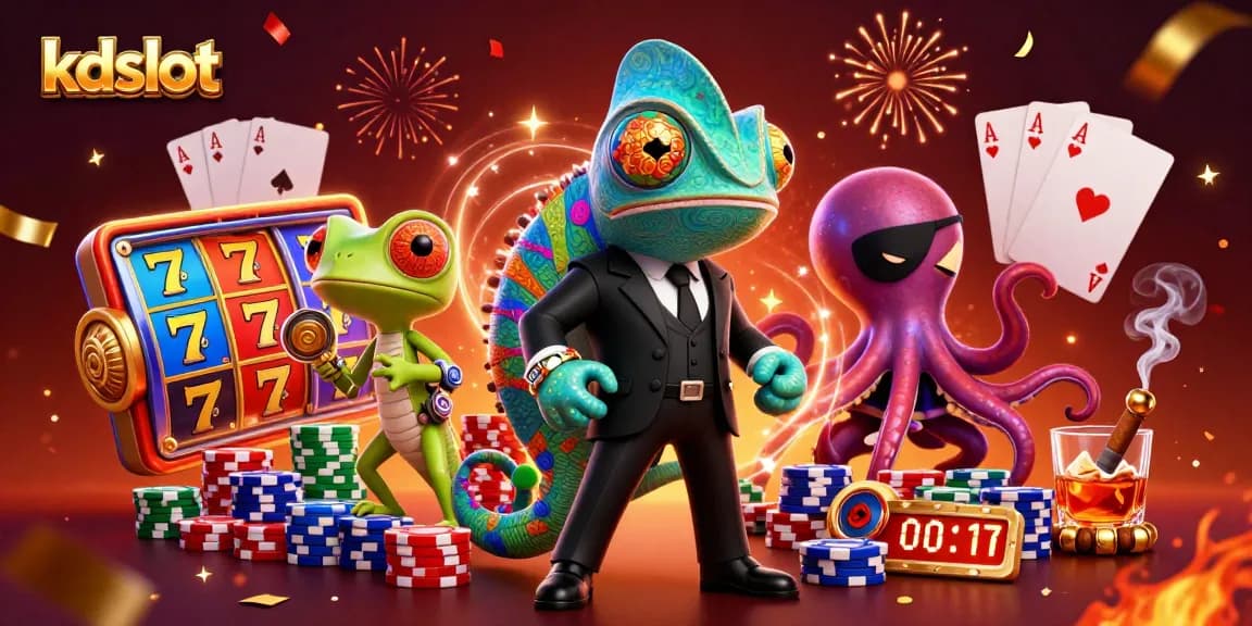 Kdslot showcases a vibrant casino scene with colorful slot elements and animated characters celebrating wins.