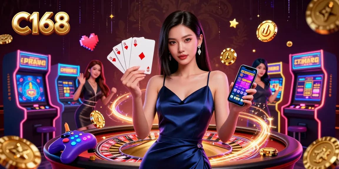 Engage with the thrilling world of C168 featuring a confident woman showcasing a golden chip and casino app amidst vibrant gaming elements.