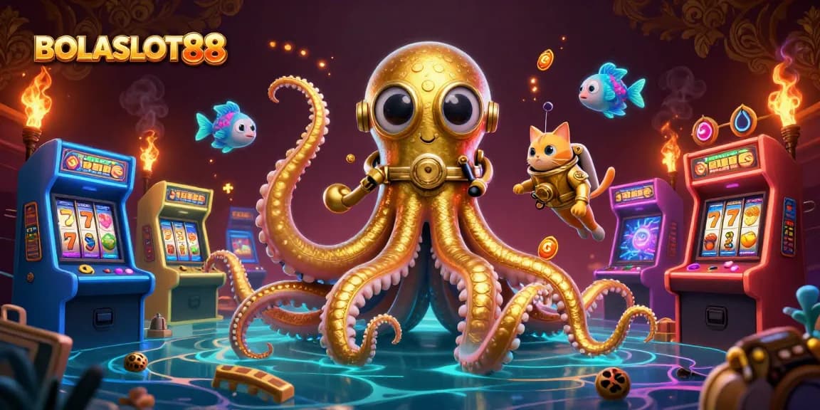 BOLASLOT88 showcases vibrant games with a kraken and diving cat amid the thrill of slots.
