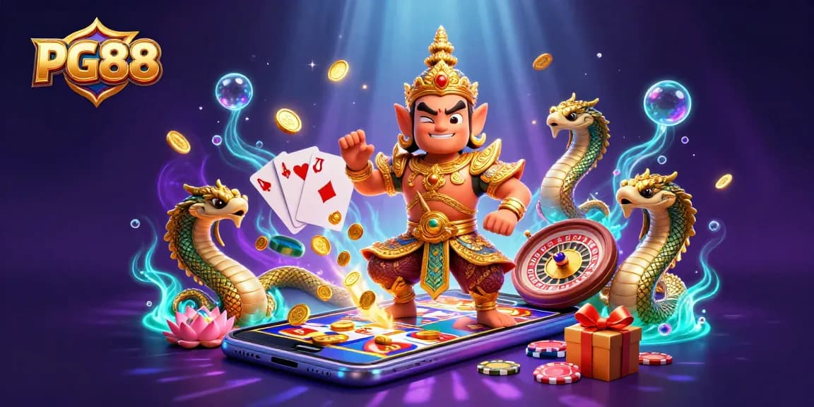 Experience PG88 with a friendly Thai guardian and Naga companions amidst lively gaming elements.